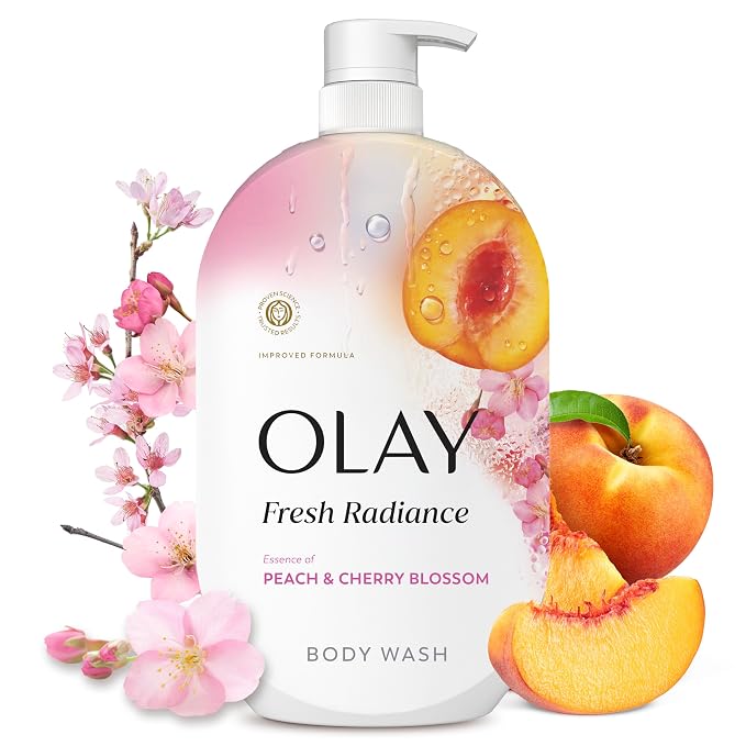 Olay Body Wash for Women, Fresh Radiance, 24/7 Skin-Loving Freshness, Visibly Radiant, Plant Based Cleansers, Vitamin B3 & Antioxidant Blend, For All Skin Types, Peach & Cherry Blossom Scent, 35 fl oz