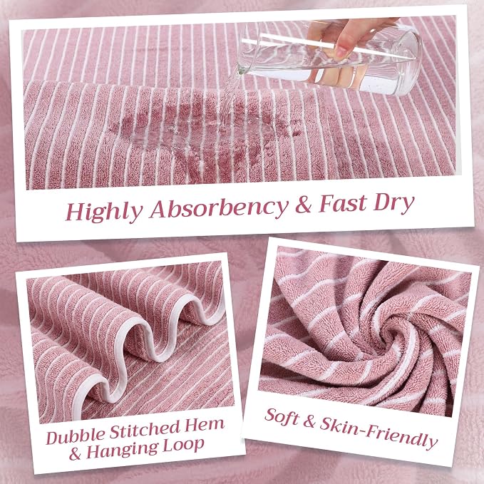 2 Pack Oversized Bath Towels 40 x 80 in Coral Fleece Extra Large Pink and White Striped Bath Sheets Microfiber Quick Dry Absorbent Shower Towel for Beach Pool Hotel Bathroom Spa Gym