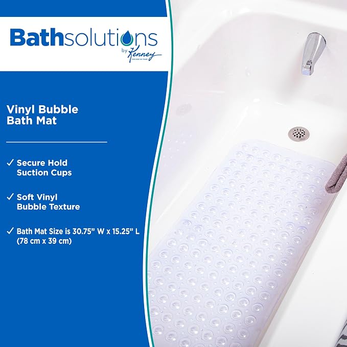 Kenney KN61292 Vinyl Bubble Bath Mat, Shower Mat, Tub Mat with Suction Cups and Drain Holes for Use Inside the Bathroom Shower, 30.75" L x 15.25" W, Clear