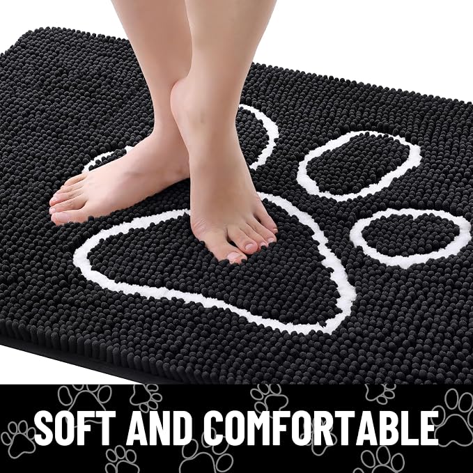 Smiry Dog Door Mat for Muddy Paws, Absorbent Dirt Trapper Non Slip Quick Dry Washable Chenille Mat for Mud Dogs, Entry Rug for Indoor and Outdoor (45x27 Inches, Black and White)