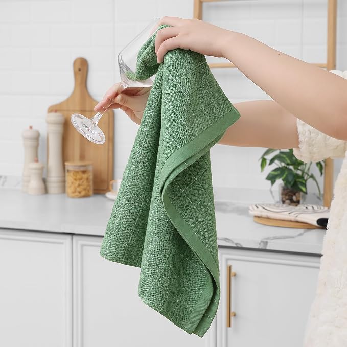 Homaxy 100% Cotton Terry Kitchen Towels(Grass Green, 20 x 28 inches), Checkered Designed, Soft and Super Absorbent Dish Towels, Large 6 Pack
