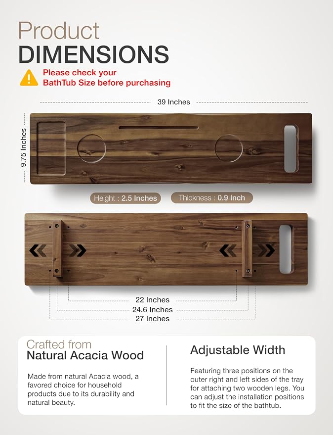 Tinamo Acacia Bathtub Tray Caddy with Adjustable Legs - Bath Tub Tray for Freestanding Tubs - 39x9.75 Inch Large Wooden Anti-Tipping Tub Tray for Bathtub with Accessories Holders (Walnut, 39x9.75) | Acacia Wood, Adjustable Width, 39" x 9.8" x 2.5", Mul...