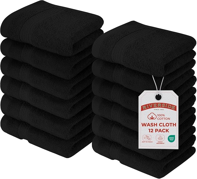 RIVERSIDE 12-Pack Premium 100% Cotton Black Face Towels for Bathroom [12x12] – Reusable Luxury Face Wash Cloths for Showering – 550 GSM Super Soft & Absorbent Washcloths for Body, Spa & Gym