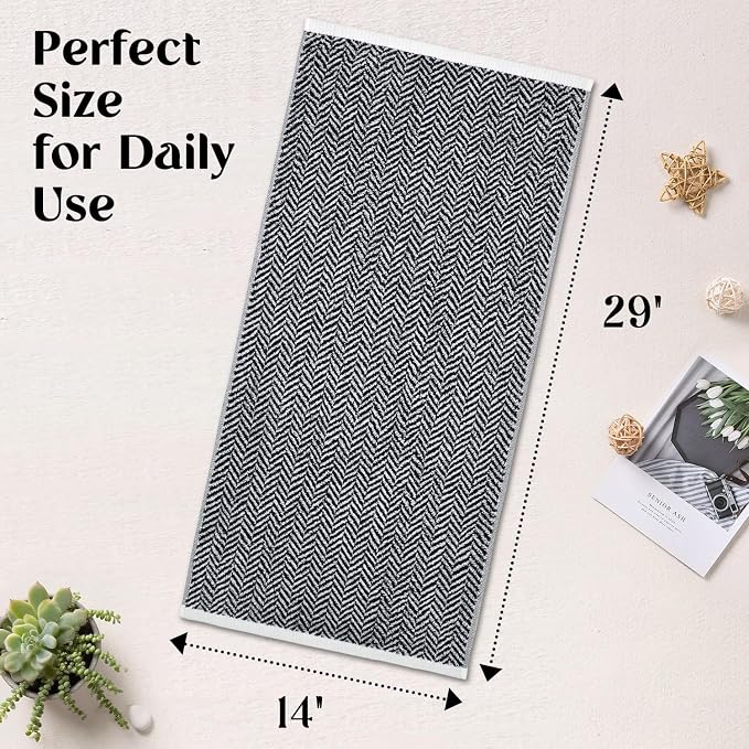 Cleanbear Black Hand Towels for Bathroom, 2 Pack Cotton Hand Towels with Herringbone Stripes, Soft Absorbent Quick-Dry, 14 x 29 Inches, Decorative Vintage for Bathroom & Kitchen