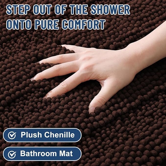 Grandaily Chenille Striped Bathroom Rugs 47x32, Extra Thick and Soft Absorbent Bath Mats, Rubber Backing, Plush Shaggy Shower Carpet, Machine Wash Dry, Bath Rug for Bathroom, Dark Brown