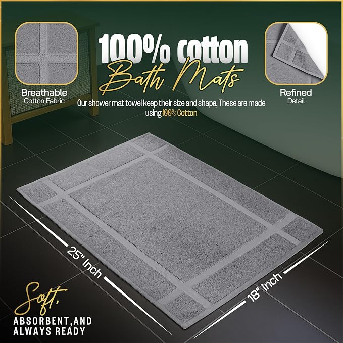 Pearl Linens 100% Ring Spun Cotton Bath Mat (Pack of 2) 18 x 25 Inch, Washable, Soft & Absorbent Terry Bathroom Floor Mat – Not Bathroom Rugs – Quick-Dry After Shower Bath Mat, 781 GSM, Light Grey