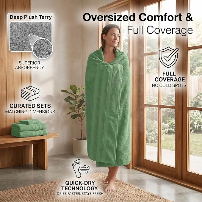RIVERSIDE Pack of 2 Extra Large Bath Sheets 35 x 70 Inches, 100% Ring Spun Cotton, Hotel Quality, Oversized Bath Towels, Super Soft, Highly Absorbent & Quicker to Dry, Sage Green