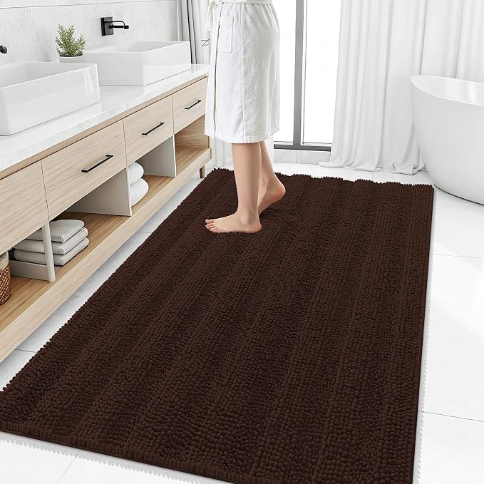 Smiry Thick Chenille Large Bathroom Rugs 50x30, Extra Soft Absorbent Striped Bath Mat, Machine Washable, Rubber Backing, Bath Rugs for Bathroom, Tub & Shower, Home Decor Accessories, Brown