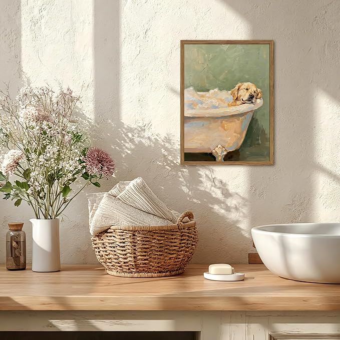 Funny Dog Bathroom Wall Art Cute Golden Retriever in Bathtub Wall Decor Picture Whimsical Bathroom Dog Poster Canvas Painting Print 12x16 inch Wood Framed
