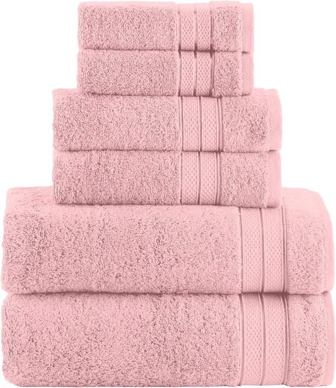 Elegant Comfort Luxury 6-Piece Towel Set, Premium Soft 100% Turkish Cotton, Three Line Popcorn Design 2 Bath Towels, 2 Hand Towels and 2 Washcloths Towel Set - Quick-Drying and Absorbent, Dusty Pink