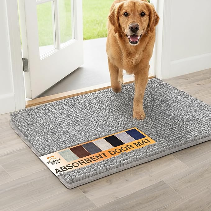 Neater Pets Muddy Paws Dog Door Mat 30” x 20” – Super Absorbent & Quick-Dry Chenille Doormat for Trapping Dirt, Water, Mud - Non-Slip & Machine Washable Pet Rugs for Entryway, Indoor Mud Mats, Gray
