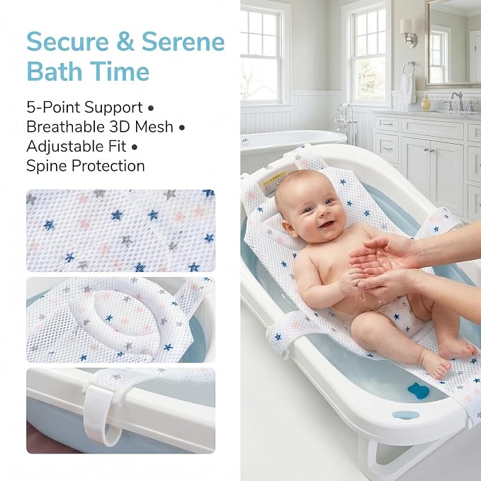 Premium Baby Bath Seat Support Net, Adjustable Non-Slip Infant Bathing Chair for Newborns 0-12 Months, Breathable Sit Up Mesh Baby Tub Seat for Sink and Bathtub