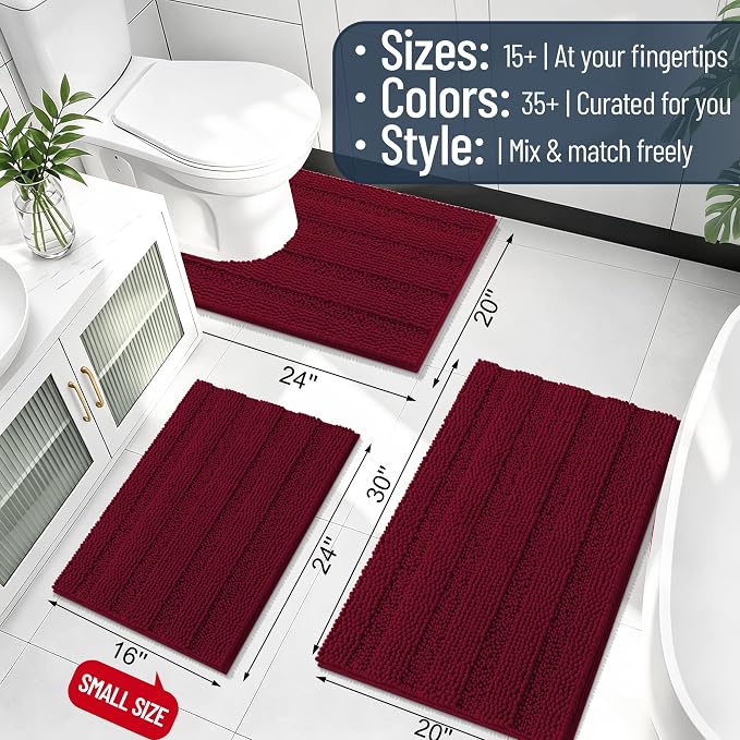 Smiry Thick Chenille Bathroom Runner Rugs 47x24, Extra Absorbent Striped Bath Mat, Machine Washable, Rubber Backing, Long Bath Rugs for Tub & Shower, Modern Home Decor Accessories, Burgundy