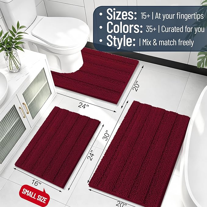 Smiry Thick Chenille Toilet Rugs U-Shaped 24x20, Extra Soft Absorbent Striped Contour Bathroom Rugs, Machine Washable, Dry Quickly, Bath Mat, Burgundy