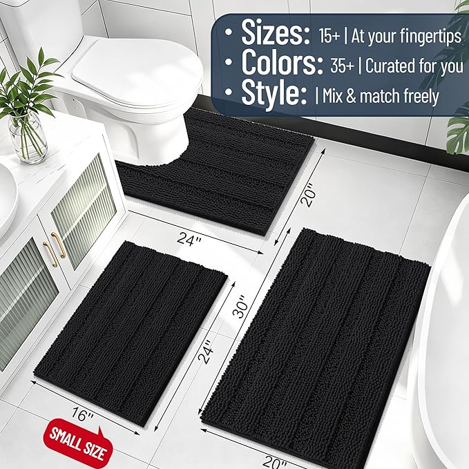 Smiry Thick Chenille Bathroom Rugs 30x20, Extra Soft Absorbent Striped Bath Mat, Machine Washable, Rubber Backing, Bath Rugs for Tub & Shower, Modern Home Decor Accessories, Black