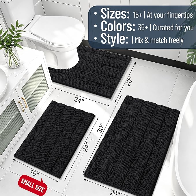 Smiry Thick Chenille Bathroom Runner Rugs 47x17, Extra Absorbent Striped Bath Mat, Machine Washable, Rubber Backing, Long Bath Rugs for Tub & Shower, Modern Home Decor Accessories, Black
