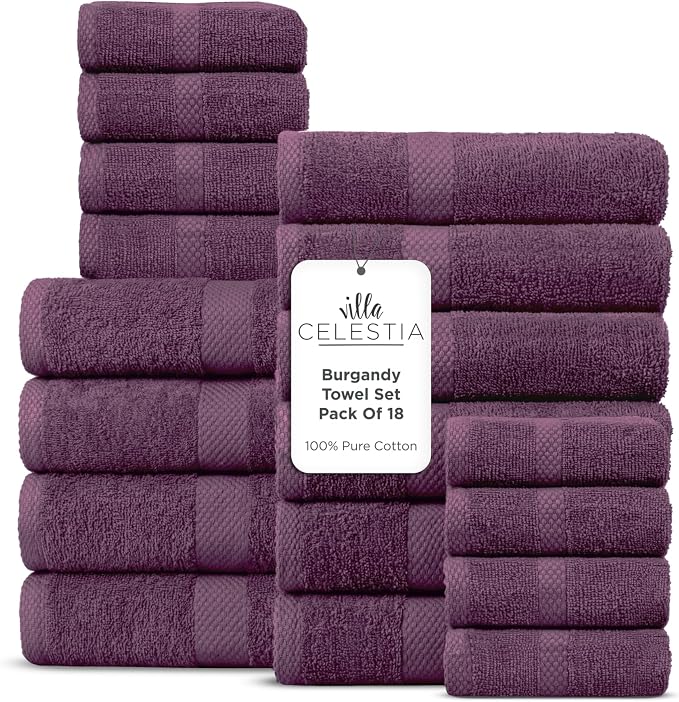 18-Piece 100% Cotton Towel Set, 4 Bath Towels, 6 Hand Towels, 8 Wash Cloth, Quick-Dry, Burgandy