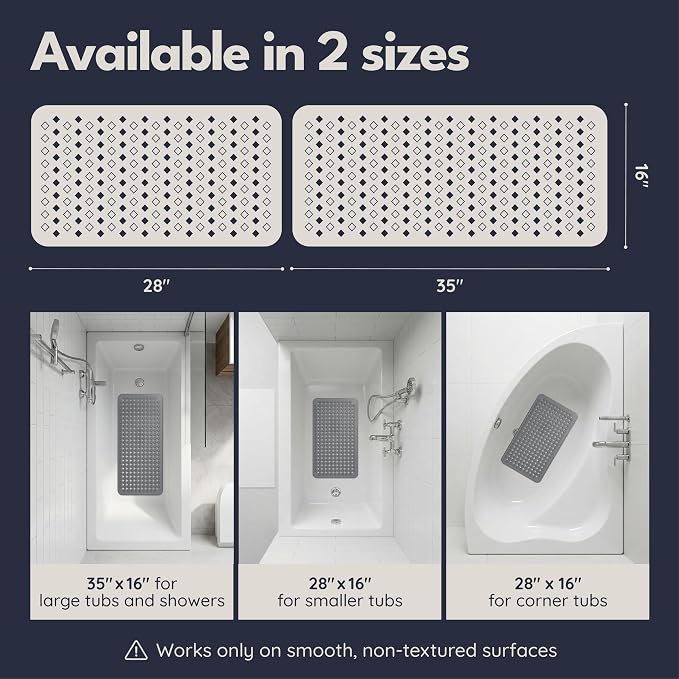 Bathtub Mat Non Slip 28x16 - homerella® Bath Mat Incl. Hooks for Drying, 100% BPA Free, Shower Mat Non Slip Anti Mold, Machine Washable, Shower Mats for Inside Shower Mildew Resistant (Grey)