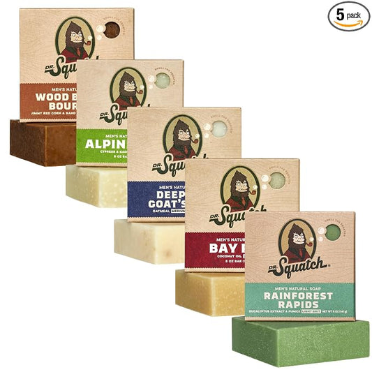 Dr. Squatch Natural Men’s Bar Soap - Cold Process Body Soap Bar with Natural Oils - Gifts for Men - Deep Sea Goat's Milk, Wood Barrel Bourbon, Rainforest Rapids, Alpine Sage & Bay Rum (5 oz, 5-Pack)