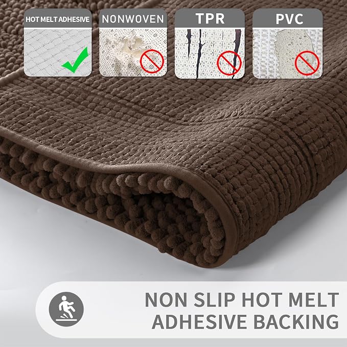 Yimobra Bathroom Rug Mat 47 x 24, Non Slip and Super Absorbent Bath Mat,Machine Washable Quick Dry,Ultra Plush Chenille Shower Rugs for Bathroom Floor Sink Tub and Shower Outside,Brown