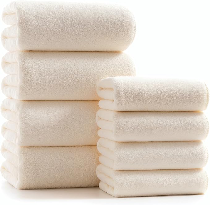 sakano Microfiber Bath Towel Set Ultra Soft Absorbent Speedy Drying Fade Resistant, 4 Bath Towels and 4 Hand Towels, Perfect for Family Bathroom, Gym, and Spa Use - White
