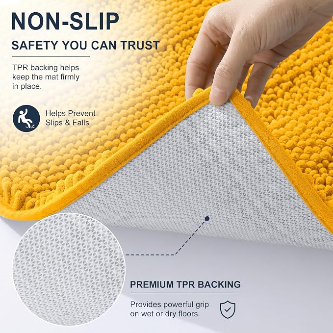 Smiry Thick Chenille Bathroom Runner Rugs 44x24, Extra Absorbent Striped Bath Mat, Machine Washable, Rubber Backing, Long Bath Rugs for Bathroom, Tub & Shower, Home Decor Accessories, Golden Yellow