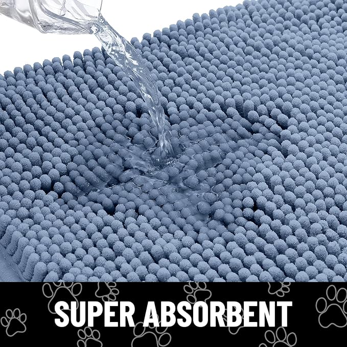 Smiry Dog Door Mat for Muddy Paws, Absorbent Dirt Trapper Non Slip Quick Dry Washable Chenille Mat for Mud Dogs, Entry Rug for Indoor and Outdoor (71x46 Inches, Airy Blue and Black)