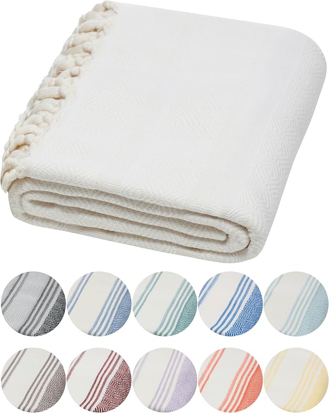 DEMMEX Organic Diamond Turkish Bath & Beach Towel - 100% Oeko-TEX Certified Cotton - Ultra-Soft, Quick-Dry, Lightweight, Compact Luxury Peshtemal Towel, Prewashed, Oversized, 71"x36", White