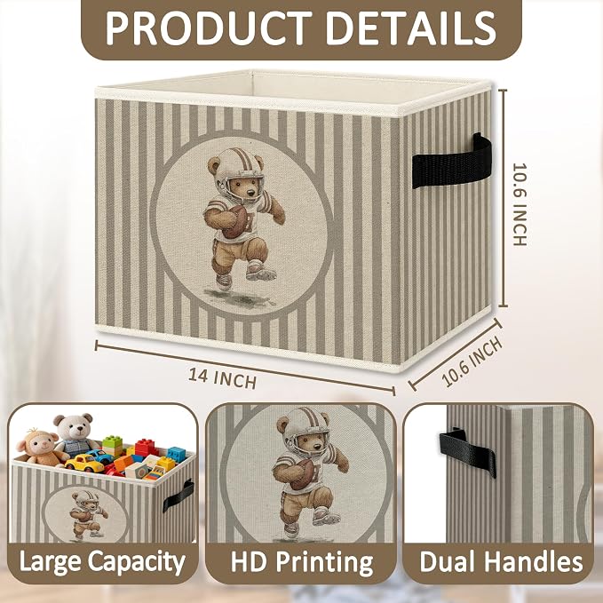 Rugby Football Bear Storage Bins Box with Handles, Sports Kids Decor for Boys, Striped Sports Animal Collapsible Organizer Basket for Kids Nursery Room Bedroom Playroom Toys Books