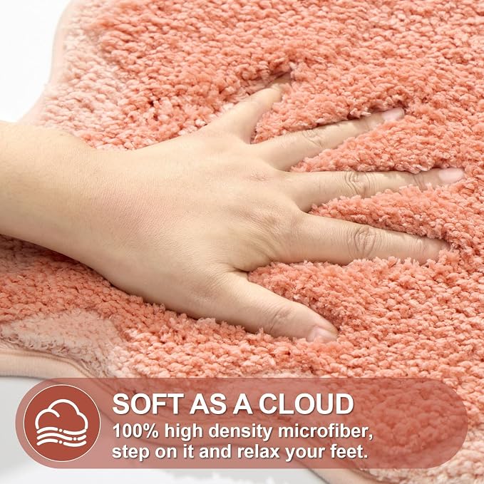 ORTIGIA Cute Coral Pink Scalloped Bath Mat, Fun Plush Microfiber Scallop Bathroom Rugs Non Slip Washable Quick Dry Absorbent, Bath Rug Carpet for Shower Stall Vanities Kitchen Floor Entrance, 20x32