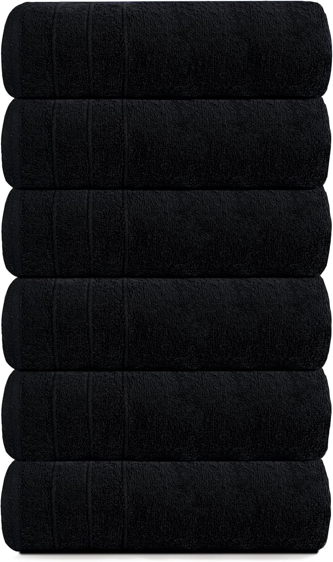 Tens Towels Pack of 6 Hand Towels, 100% Cotton, Lighter Weight, Quick to Dry, 16 x 28 Inches, Super Soft & Absorbent, Perfect for Bathroom & Kitchen, Black