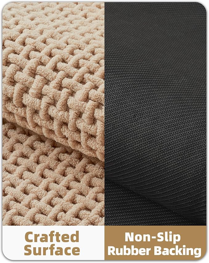 Color&Geometry Rubber Backed Waffle Bath Mat 47x17, Non Slip Water Washable Bathroom Rugs, Soft Absorbent Chenille Boho Carpet for Bathroom Floor, Tub and Shower, Beige