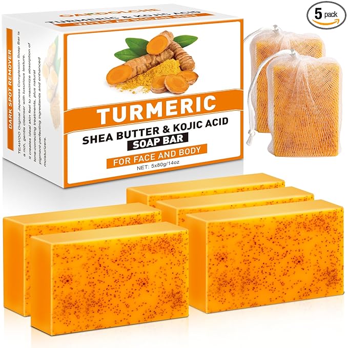 5 Pack Turmeric Kojic Acid Soap Bars(80g) - Infused with Retinol, Hydrolyzed Collagen, Vitamin E & Shea Butter, Gentle Care for Face, Body & Underarms, SLS Free, Suitable for Oily & Dry Skin