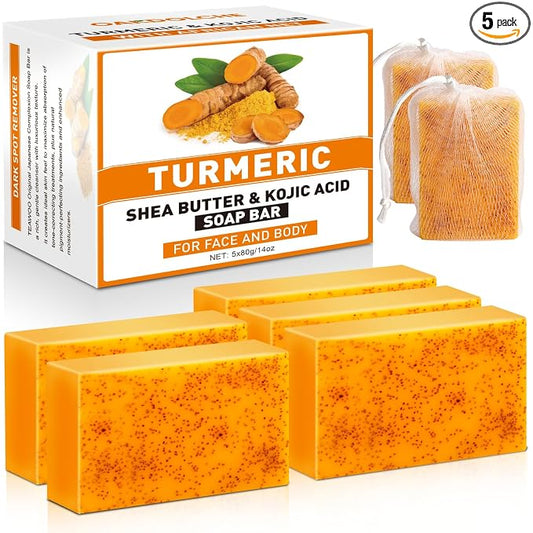 5 Pack Turmeric Kojic Acid Soap Bars(80g) - Infused with Retinol, Hydrolyzed Collagen, Vitamin E & Shea Butter, Gentle Care for Face, Body & Underarms, SLS Free, Suitable for Oily & Dry Skin
