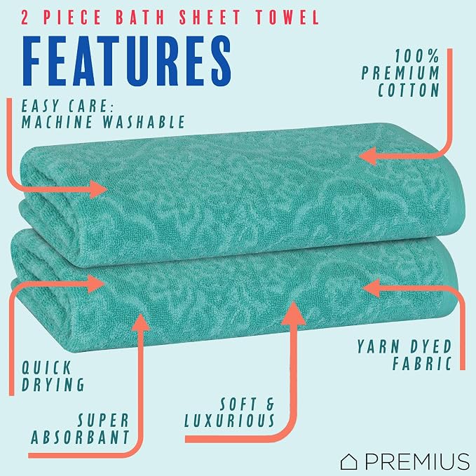 2 Pack Damask Hand Towel, Bath Towel, and Bath Sheet Towel, 100% Cotton Yarn Dyed, Lux Drying Experience, Great for Hands and Body, Perfect for Spa & Home Use (Aqua, Bath Sheet)