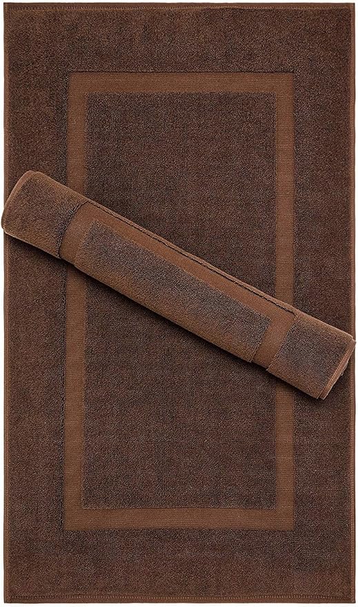100% Cotton Bath Mats for Bathroom Floor Set of 2 Pack, 20x34 Soft Absorbent Washable Quick Dry Tub Bathmat, Brown