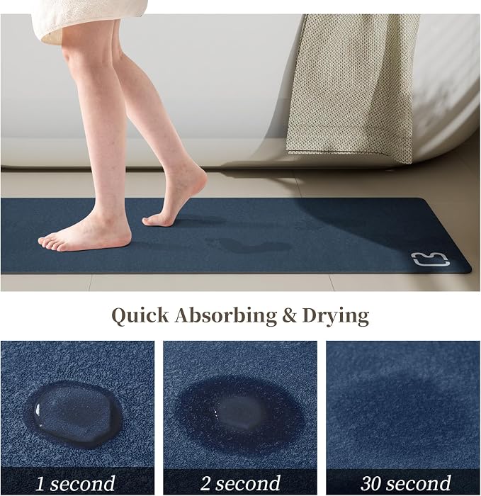 RUERYA Diatomaceous Earth Bath Mat Rugs 23.6 x 15.7 inch, Quick Dry Super Absorbent Non Slip Rubber BottomThin Bathroom Mat Fit Under Door, Floor Rugs in Front of Bathtub,Shower Room,Sink, Navy