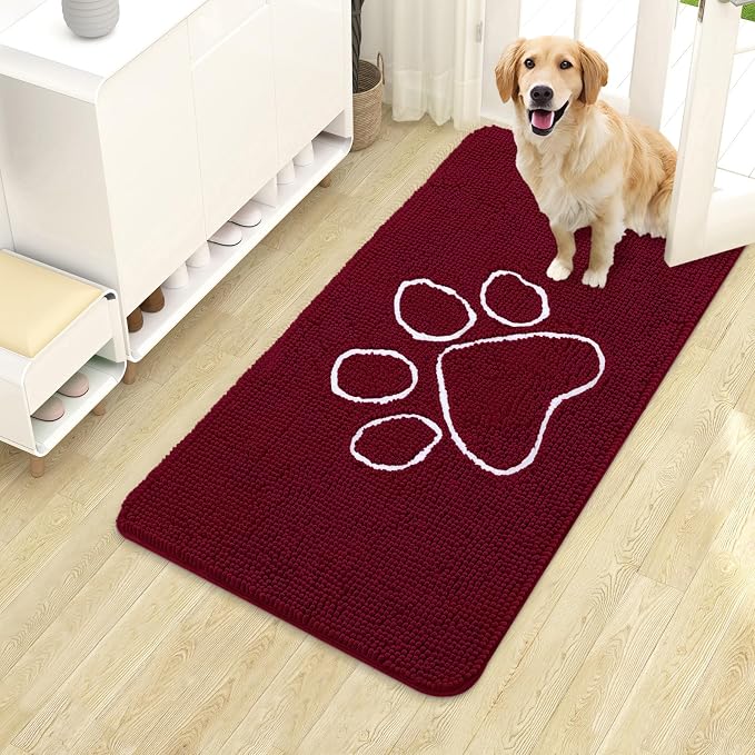 OLANLY Dog Door Mat for Muddy Paws 70x35, Paw Print Design, Absorbs Moisture and Dirt, Absorbent Non-Slip Washable Doormat, Quick Dry Chenille Mud Mat for Dogs, Entry Indoor Entryway Carpet, Burgundy