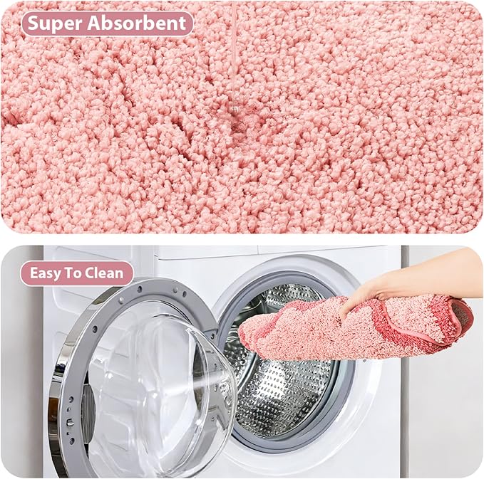 ORTIGIA Cute Pink Scalloped Bath Mat, Quick Dry Bath Rug Absorbent Soft Plush Microfiber Bathmat for Bathroom Floor Carpet for Sink Bedroom, 24x24