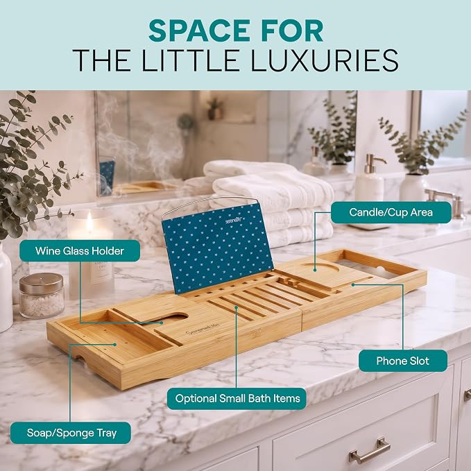 SereneLife Luxury Bamboo Bathtub Caddy Tray - Adjustable Natural Wood Bath Tub Organizer with Wine Holder, Cup Placement, Soap Dish, Book Space & Phone Slot for Spa, Bathroom & Shower - SLBCAD20