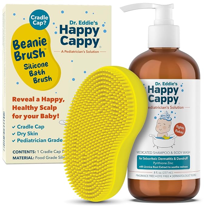 Happy Cappy Cradle Cap Medicated Shampoo and Body Wash with Beanie Brush - Baby Dandruff Shampoo, Helps Infants with Seborrheic Dermatitis, Dermatologist Tested, Gentle Baby Scalp Scrubber - 2 Pieces