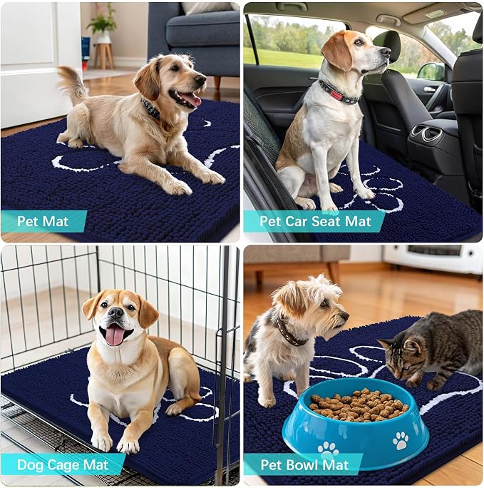 OLANLY Dog Door Mat for Muddy Paws 59x35, Paw Print Design, Absorbs Moisture and Dirt, Absorbent Non-Slip Washable Doormat, Quick Dry Chenille Mud Mat for Dogs, Entry Indoor Entryway Carpet, Navy Blue