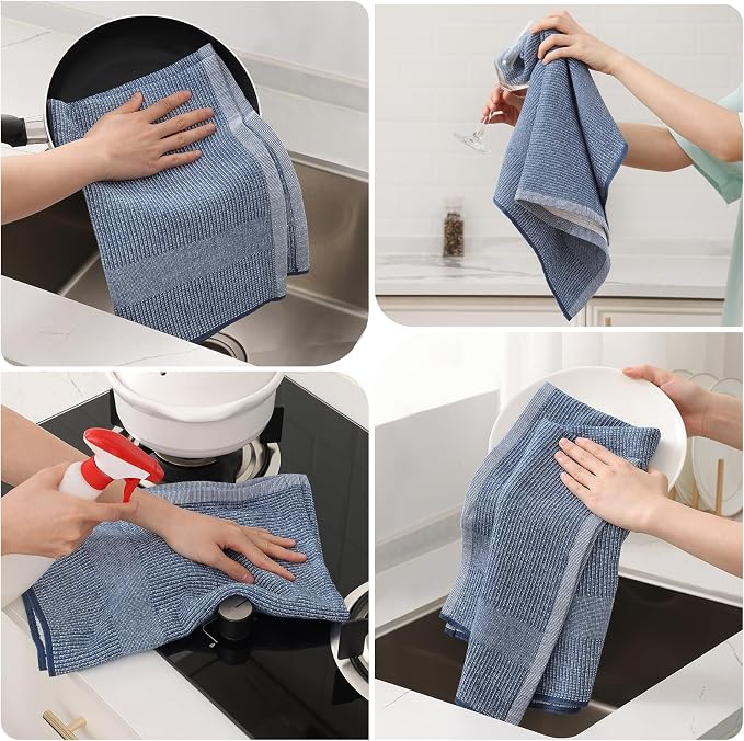 Mordimy Premium Kitchen Towels 6 Pack (18 x 28 Inches, Navy Blue/Khaki/Black), Large Cotton Flat & Terry Kitchen Hand Towel, Super Absorbent Tea Dishtowels Set with Hanging Loop