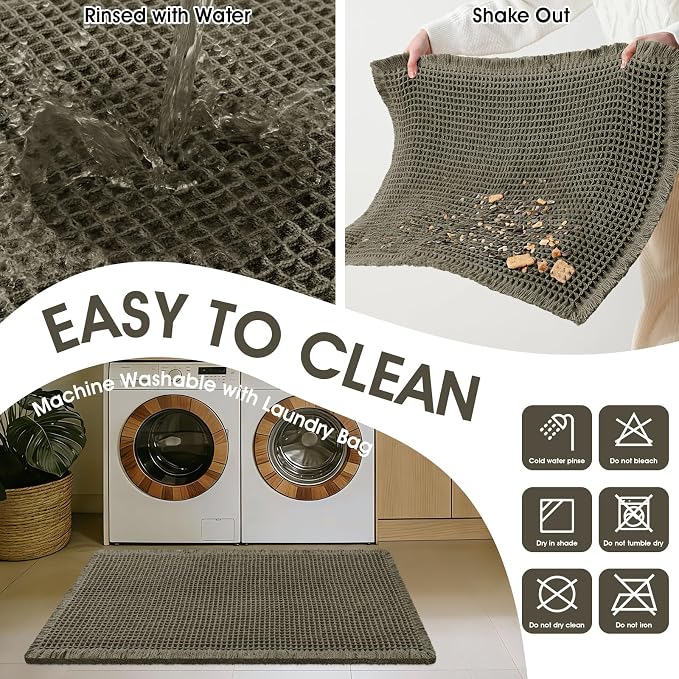 Extra Large Waffle Bath Mat, 6'x2' Greyish Green, Super Absorbent Non-Slip Quick Dry Bathroom Rugs with Tassels, Machine Washable Ultra Soft Boho Bath Rugs for Floor, Toilet Mats Boho Farmhouse Decor