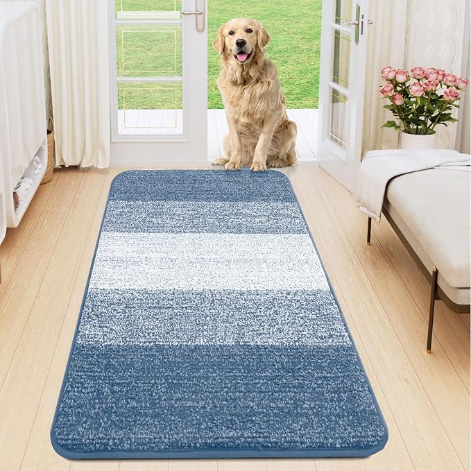 Smiry Dog Door Mat for Muddy Paws, Absorbs Moisture and Dirt, Low-Profile Entryway Mat with Non-Slip Backing, Entry Indoor Outdoor Doormat for Inside Floor (45x27 Inches, Light Blue, Striped)