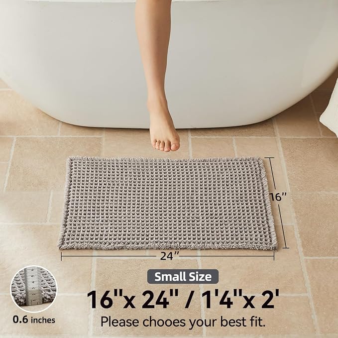 Triohero Waffle Bath Mat, Small Boho Bathroom Rugs Non Slip Washable, Ultra Soft Super Absorbent Quick Dry Farmhouse Bathroom Decor, 16" x 24", Light Grey