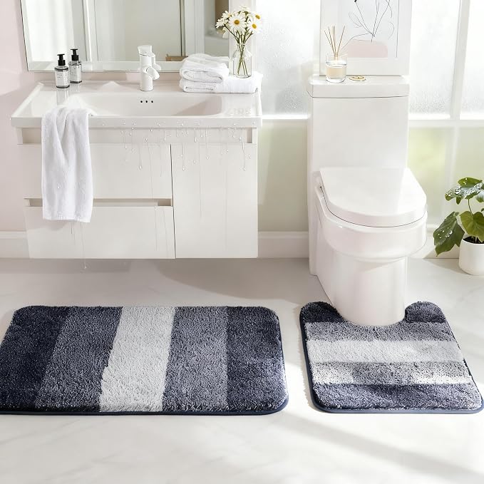 Exclusivo Mezcla Toilet Rugs U-Shaped 20x24, Extra Soft Non Slip Absorbent Microfiber Bath Rugs, Machine Washable Quick Dry Bath Mats for Toilet, Gradient Navy Blue