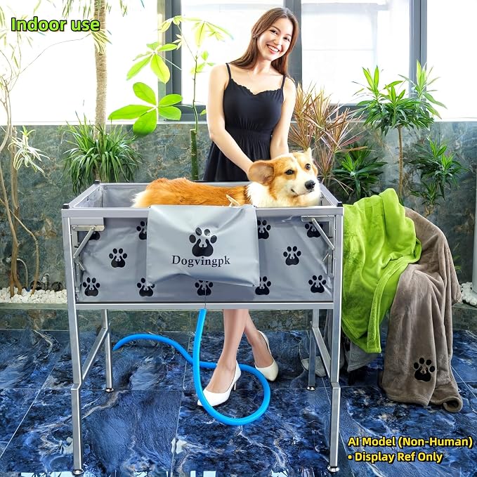 Dogvingpk Portable Foldable Elevated Dog Bathtub, 300 lb Capacity with Drain for Bathing Grooming Medium and Large Dogs, Indoor Outdoor Use (2 PVC-TUB-L)