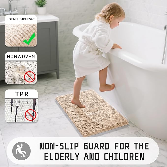 Yimobra Large Bathroom Rugs 36"x24", Non Slip Bath Mat for Tub, Shaggy Rug Floor Carpet, Extra Soft Super Absorbent Quick Dry, Machine Washable,Beige