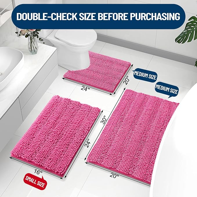 Grandaily Chenille Striped Bathroom Rugs 30x20, Extra Thick and Absorbent Bath Mats, Non-Slip Soft Plush Shaggy Shower Carpet, Machine Wash Dry, Bath Rug for Bathroom, (Medium, Hot Pink)